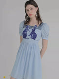 Dodobye Blue And White Rabbit Embroidered Square-Neck Short-Sleeved Dress