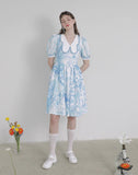 Dodobye Blue And White Watercolor Print Butterfly Collar Dress