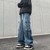 90s fashion men 2024 Autumn New American High Street Large Pocket Workwear Jeans Japanese Loose Straight Trousers