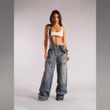 Dodobye 90s streetwear Style Zipper Denim Suspender Pants Women's Autumn Loose Casual Pocket Wide Leg Pants Women