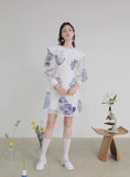 Dodobye Blue And White Porcelain Embroidered Large Lapel Long-Sleeved Dress