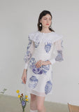 Dodobye Blue And White Porcelain Embroidered Large Lapel Long-Sleeved Dress