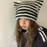 grunge outfits Fur Ball Style Ins Little Devil Striped Knitted Wool Hat Punk Style Cat Ears Cute Pointed Hat Curling Cold Hat