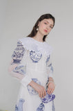 Dodobye Blue And White Porcelain Embroidered Large Lapel Long-Sleeved Dress