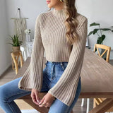 simple winter outfits Women's Short Cropped Cropped Top Woven Sweater Autumn and Winter Bell Sleeve Half Turtleneck Pullover Sweater