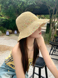 Dodobye Summer South Korea Ins Rainbow Woven Women's Beach Bucket Hat