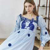 Dodobye Blue And White Rabbit Embroidery Polka Dot Square Collar Dress