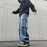 90s fashion men 2024 Autumn New American High Street Large Pocket Workwear Jeans Japanese Loose Straight Trousers