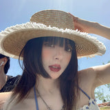 Dodobye Summer Ins Flat Top Female Retro Seaside Vacation Straw Hat