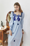 Dodobye Blue And White Rabbit Embroidery Polka Dot Square Collar Dress