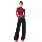 baggy jeans Orange Silk Women's Clothing# American-Style Black Retro Bright Line Embroidered Wide-Leg Jeans Autumn Trendy Loose Mop Pants