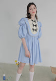 Dodobye Blue Butterfly Plate Button Short-Sleeved Dress