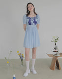 Dodobye Blue And White Rabbit Embroidered Square-Neck Short-Sleeved Dress