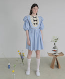 Dodobye Blue Butterfly Plate Button Short-Sleeved Dress