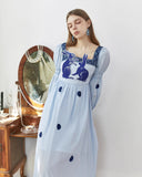 Dodobye Blue And White Rabbit Embroidery Polka Dot Square Collar Dress