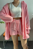 Dodobye Plush Open-Front Hoodie Vest Three Piece Shorts Set