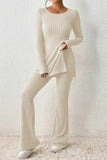 Dodobye Ribbed Knit Slit Hem Tops Flares Long Pants Set