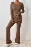 Dodobye Ribbed Knit Slit Hem Tops Flares Long Pants Set