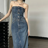 Dodobye Denim Strapless Buttons Stretchy Slim Slit Long Dress Casual Fashion Streetwear Summer Vacation Daily Party Women Clothes