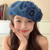 Dodobye Ladies New Denim Beret Hats Flower Cowboy Vintage Luxury Hat Women Retro Casual Painter Hat Female Trendy Spring Autumn Hat