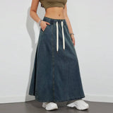 Dodobye Drawstring Long Denim Skirts Vintage Women Autumn y2k Aesthetic Solid Low Waist A-line Slim Korean Jean Midi Skirts Streetwear