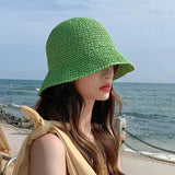 Dodobye Wide Brimmed Sun Straw Hat Women Summer New Beach Straw Hat Simple Sunscreen Visor Seaside Vacation Straw Bucket Hat