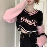 Dodobye Korean Sweet V-neck Off Shoulder Pullovers 2024 Autumn New Embroidery Lazy Tops Women Y2k E-Girl Long Sleeve Sweaters Mujer