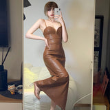 Dodobye Sling Pu Faux Leather Sexy Slit Fit Long Dress Y2k Streetwear Party Club 2024 Vacation Birthday Summer Women Clothing