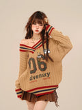 Black Friday Dodobye Vintage Letter Print Oversize Sweater Women Long Sleeve V-neck Knitted Pullovers Preppy Style Casual Loose Winter Tops