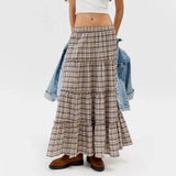 Dodobye Women 2000s Aesthetic Plaid Tiered Maxi Skirts Elastic High Waist Vintage Gingham Pleated Y2K Flowy Swing A Line Long Skirts