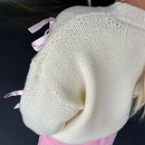 Dodobye Vintage Y2K Cottage Knitwear Tops Streetwear Pink Ribbon Bowknot Knitted Sweater Women Girl Autumn Winter Long Sleeve Pullovers