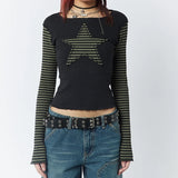 Dodobye Gothic Mall Goth Tees y2k Star Patched Striped Long Sleeve T-shirt Harajuku Grunge O Neck Slim Fit Crop Tops Streetwear