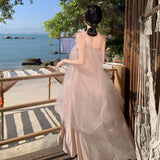 Dodobye Retro Pink Sexy Club Elegant Party Ruffles Slip Dress Women Irregular Mesh Fairy Dresses Sweet Fashion 2024 Summer Vacation Robe