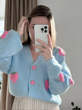 Dodobye Sweet V-neck Single Breasted Strawberry Printed Women's Cardigan Long Sleeved Solid Color Knitted Sweater 2024 Ladies Streetwear