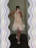 Dodobye Elegant White Sequins Feather Hem Mini Dress Women Sexy Off Shoulder Loose Halter Dresses 2024 New Shiny Female Party Vestidos