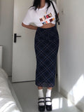 Dodobye- Y2k Plaid Long Skirt Low Waist Slim Women Streetwear Gyaru Mesh Patchwork Straight Maxi Skirt Autumn Fashion Girl