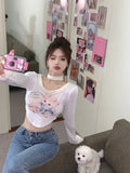 Dodobye Cartoon Cat Graphic T Shirts Women Kawaii Kitten Cutecore Long Sleeve Tees 2000s Japanese Harajuku Y2k Crop Tops Clothes