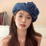 Dodobye Ladies New Denim Beret Hats Flower Cowboy Vintage Luxury Hat Women Retro Casual Painter Hat Female Trendy Spring Autumn Hat