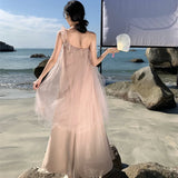 Dodobye Retro Pink Sexy Club Elegant Party Ruffles Slip Dress Women Irregular Mesh Fairy Dresses Sweet Fashion 2024 Summer Vacation Robe