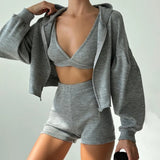 Dodobye-2024 Spring and Summer knitted zipper hooded cardigan sweatshirt V-neck bra high-waisted tight shorts casual three-piece set