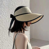 Dodobye New Summer Adjustable Ribbon Empty Straw Hats For Women Foldable Wide Large Brim Beach Hat Chapeau Femmeuv Protection Cap