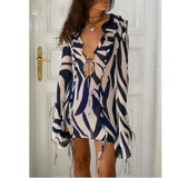 Dodobye Women Summer Short Tie Up Dress Long Sleeve V Neck Zebra Print Ruffled Hollow Out Cover-up Short Mini Sundress