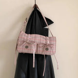 Dodobye Plaid Pink Womens Shoulder Bag Pleated Casual Sweet Cute New Fashion Leather Handbag Literary Exquisite Designer Armpit Bag