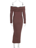 Black Friday Dodobye Elegant Brown Knitted Long Dress For Women One-shoulder Ruched Sexy Sweater Dress Slim Plunge Club Party Dress Female