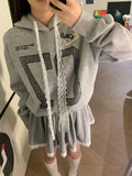 Black Friday Dodobye Grey Oversized Hoodie with Lace Sporty Chic Hip Hop Long Sleeve Sweatshirt Letter Print Pullovers Autumn Kpop Clothes