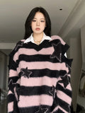 Black Friday Dodobye Harajuku Striped Sweater Oversize Y2k Style Pink Detachable Sleeves Star Print Jumpers Gothic Winter Korean Alt Clothes