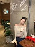 Dodobye Bow Off Shoulder White Knitted Sweater for Women 2024 Early Autumn New Bottoming Tops Mujer Y2k Long Sleeved Pullovers T Shirts