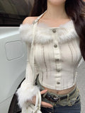 Dodobye Fur Collar Off Shoulder Halter Tops Mujer Y2k Slim Fit Long Sleeve Cardigan 2024 Autumn Winter New Bottoming Sweaters