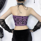 Women's Gothic Tops Music Festival See-through Fashion Slim Cross Embellished Hanging Neck Flocked Suspenders Plunge Tank Top