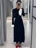 Black Friday Dodobye Flare Sleeve Splice Knitted Long Dress For Women Casual High Waist Button Lapel Sweater Dress Elegant Autumn Party Dress